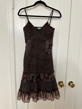 Promod Brown Floral Tiered Spaghetti-Strap Dress with Beadwork